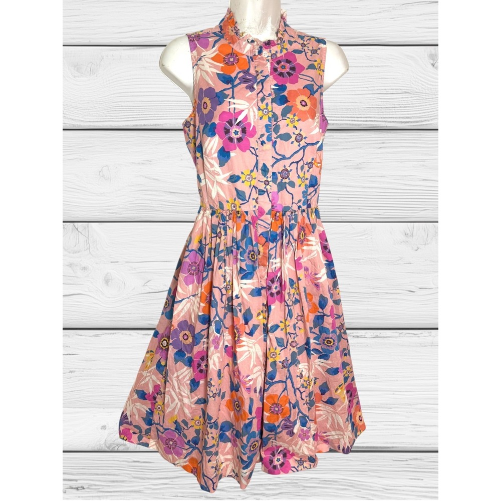 J. Crew Liberty Of London Pavilion Floral Print Ruffle Neck Dress Sz 2 Midi Pink
